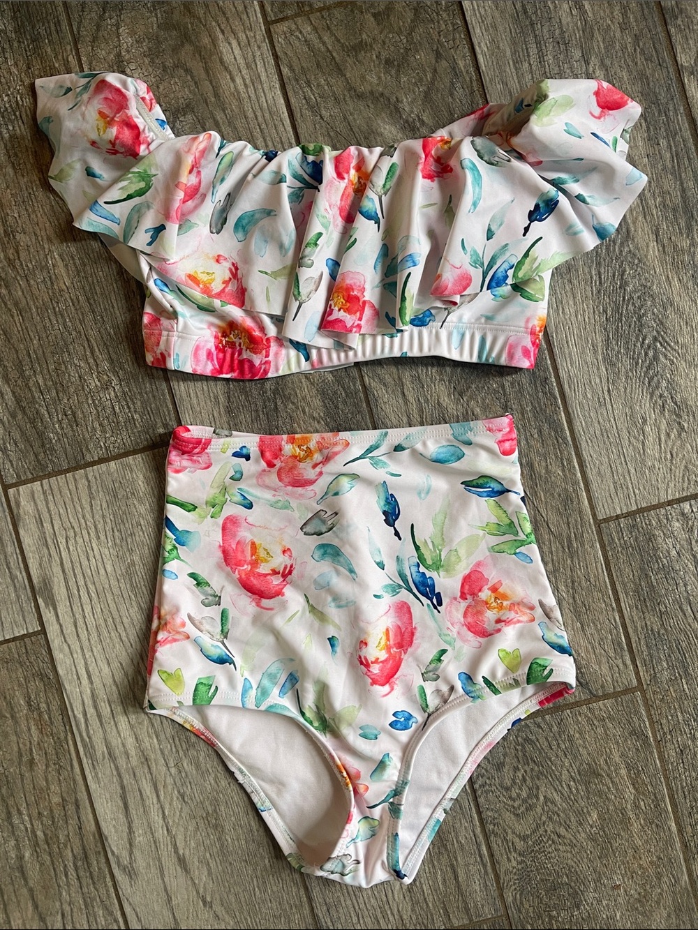 Unique Vintage Floral Watercolor Two-Piece Bikini Set - Pink, Blue, Green